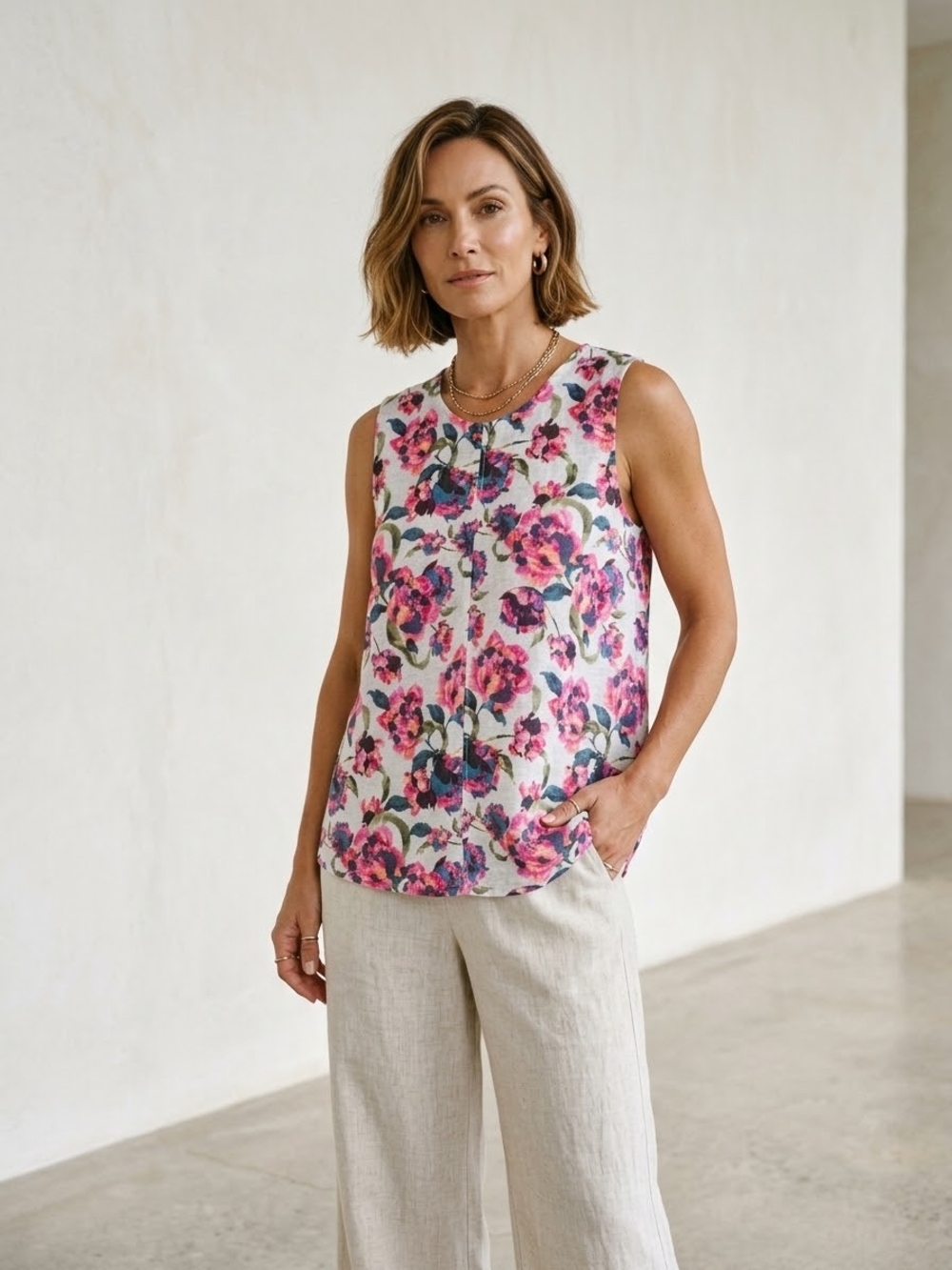 100% Linen Sleeveless Floral Top By Foil Australia